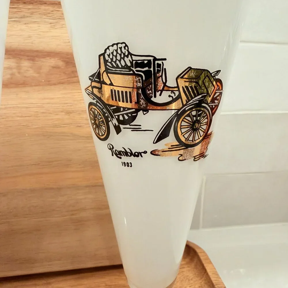 Set of 4 White Painted Pilsner‎ Car Glasses Buick Oldsmobile Cadillac Rambler